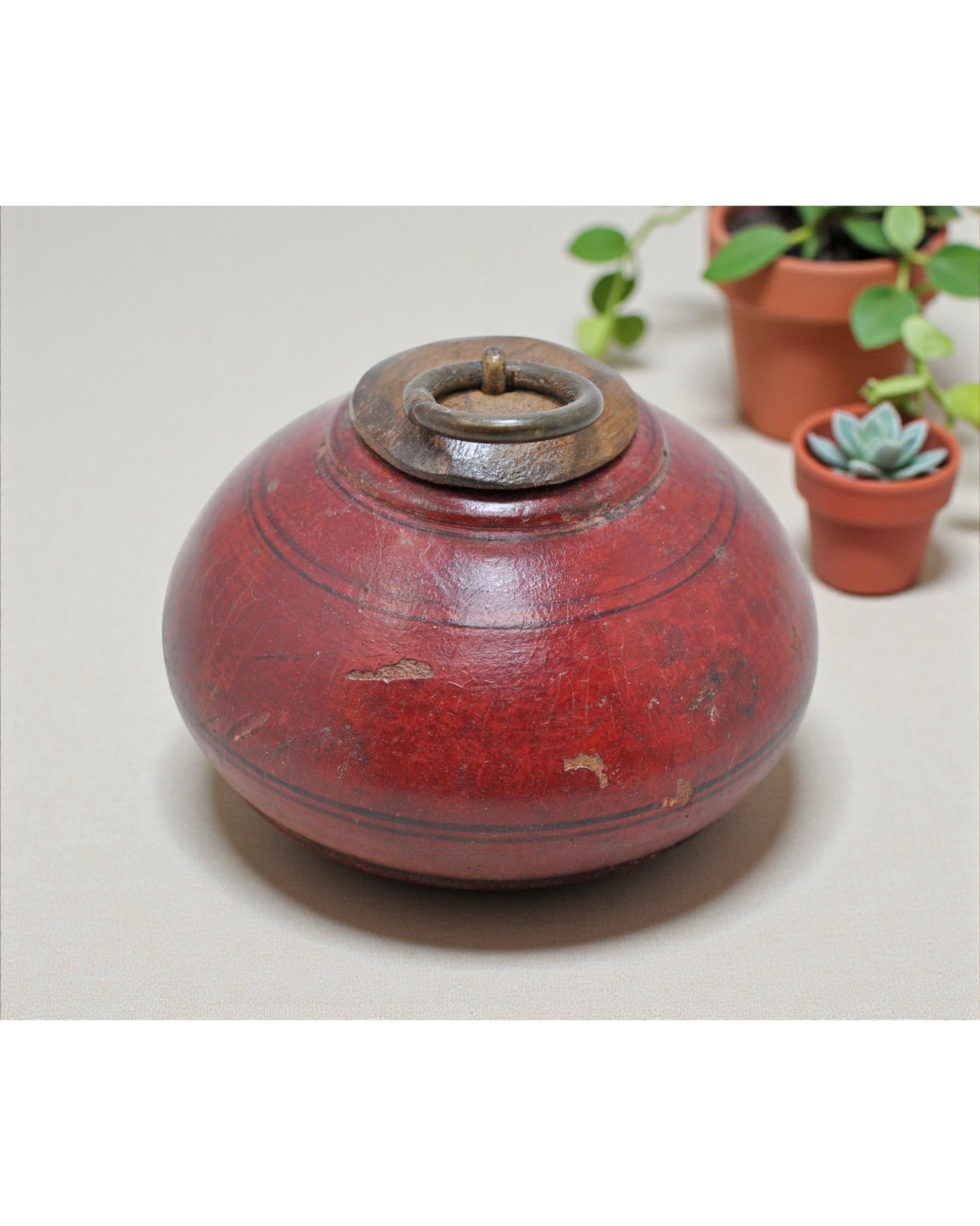 Antique Wooden Round Tobacco Opium Box Original Old Hand Carved Painted