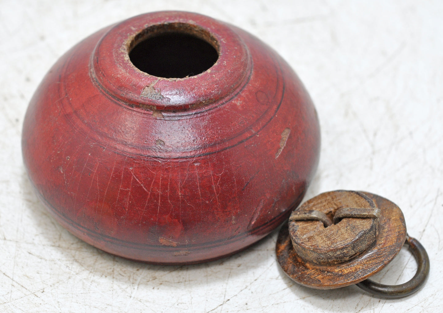 Antique Wooden Round Tobacco Opium Box Original Old Hand Carved Painted