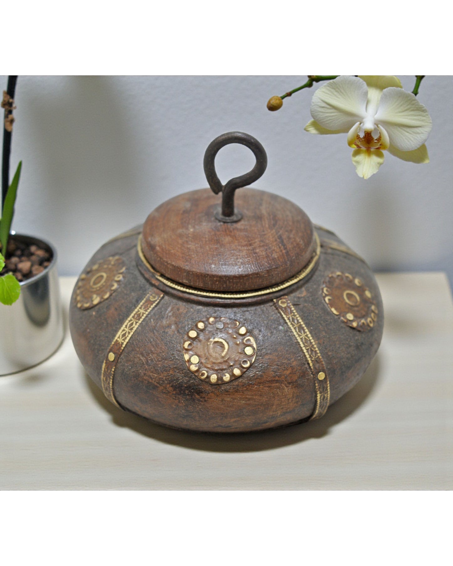 Antique Wooden Round Tobacco Opium Box Original Old Hand Carved Brass Fitted