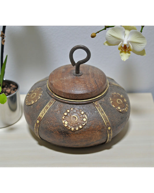 Antique Wooden Round Tobacco Opium Box Original Old Hand Carved Brass Fitted