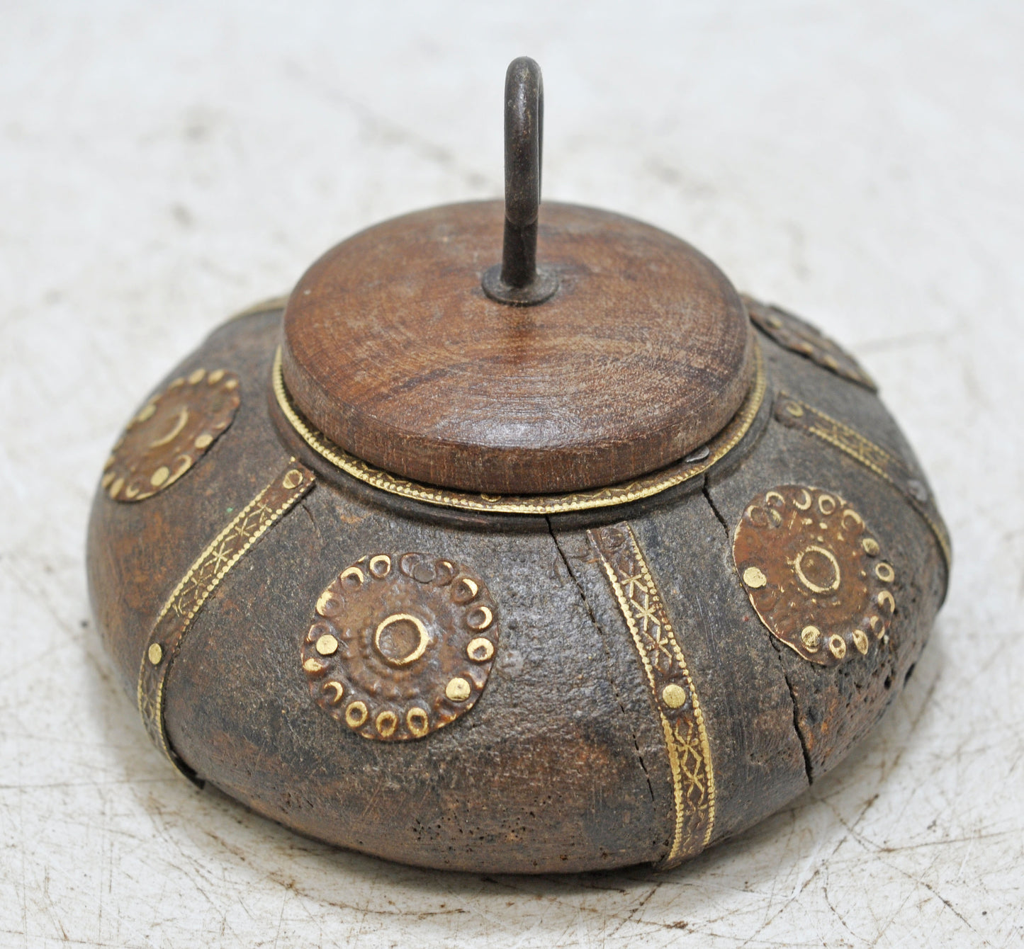 Antique Wooden Round Tobacco Opium Box Original Old Hand Carved Brass Fitted