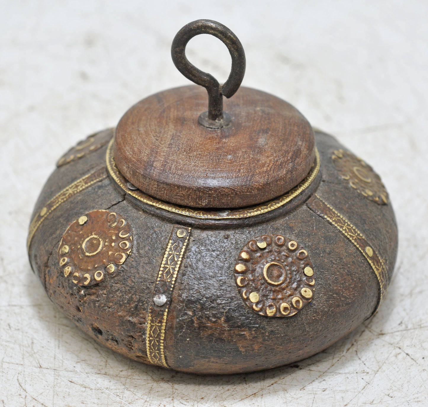 Antique Wooden Round Tobacco Opium Box Original Old Hand Carved Brass Fitted