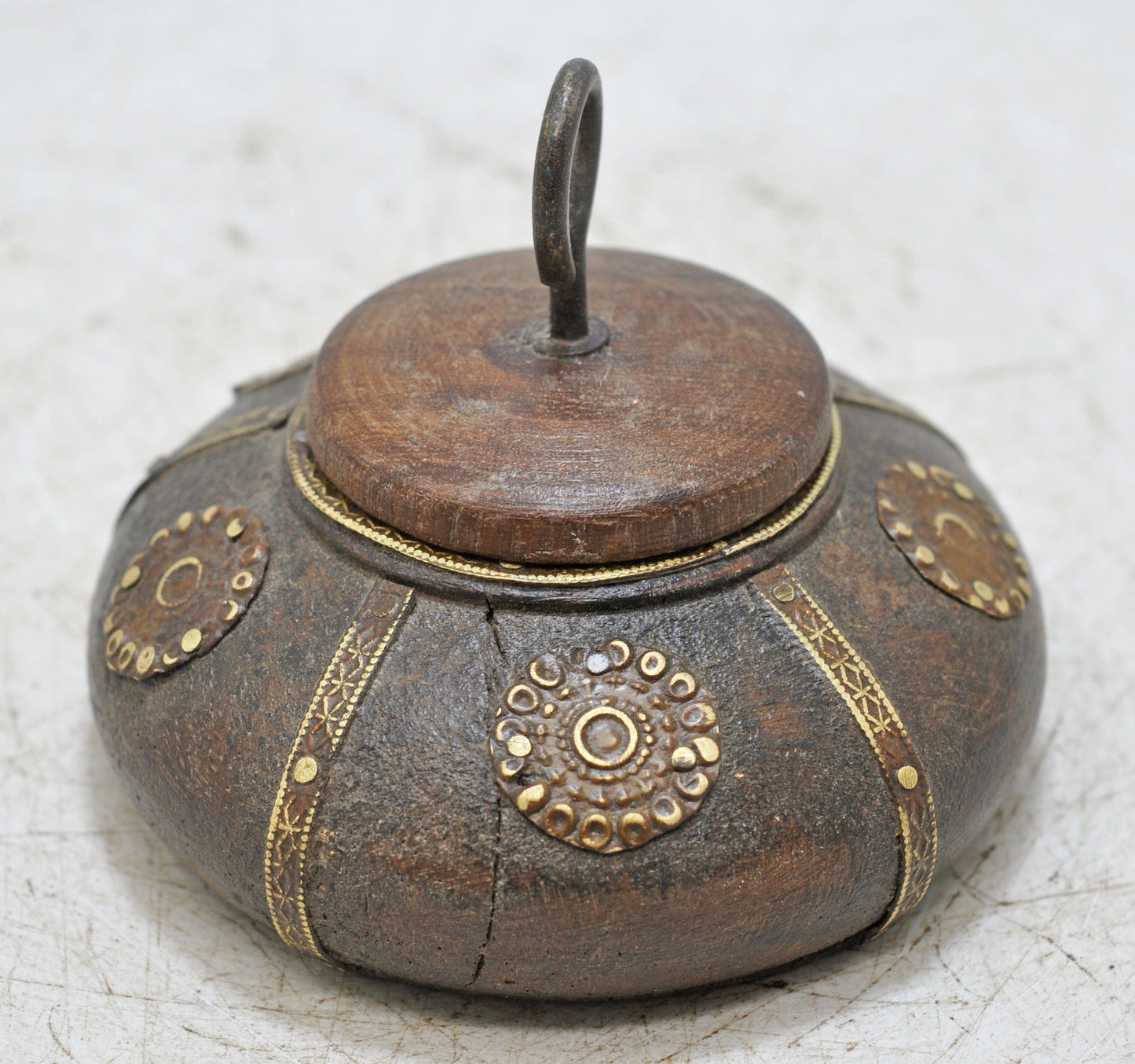 Antique Wooden Round Tobacco Opium Box Original Old Hand Carved Brass Fitted
