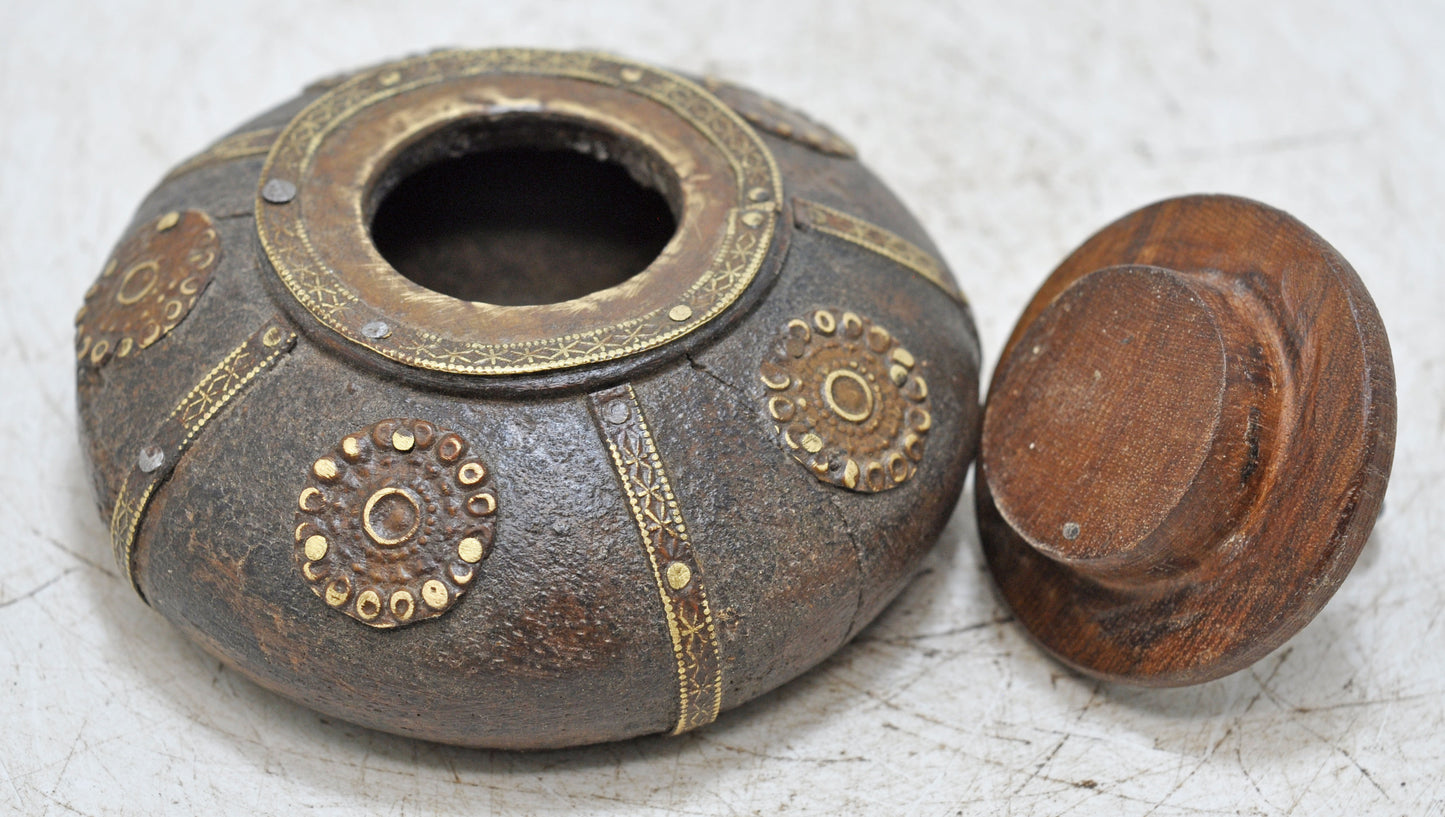 Antique Wooden Round Tobacco Opium Box Original Old Hand Carved Brass Fitted