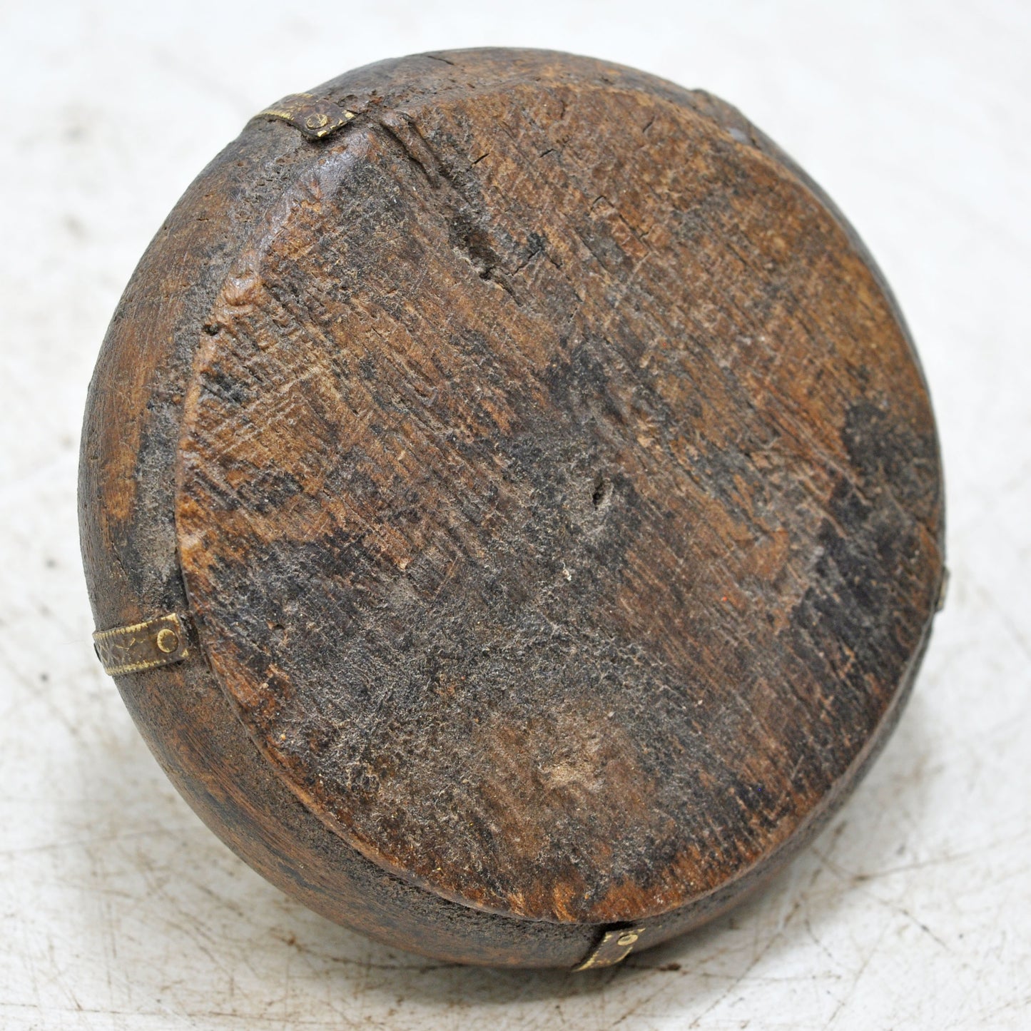 Antique Wooden Round Tobacco Opium Box Original Old Hand Carved Brass Fitted
