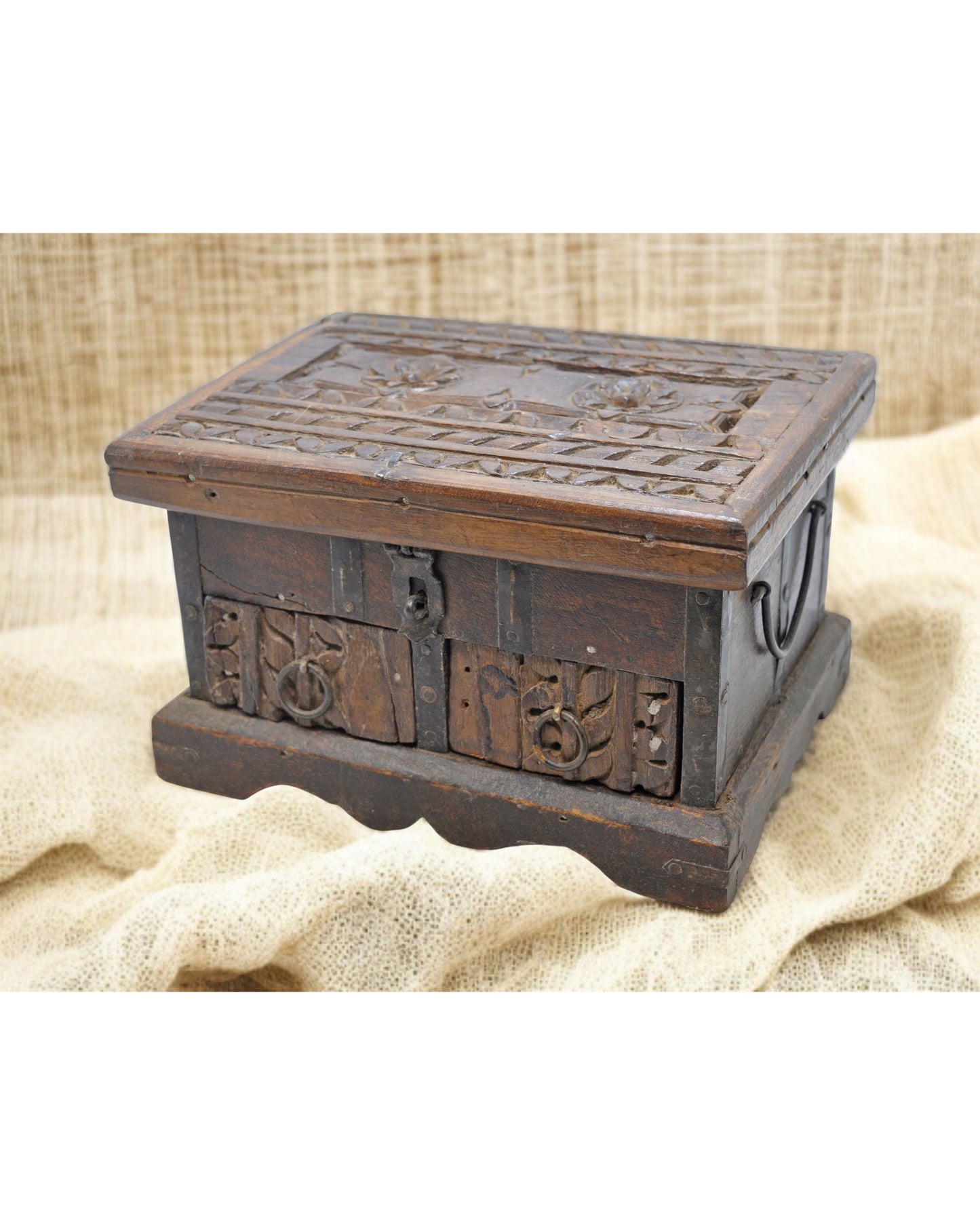 Antique Wooden 2 Drawers Storage Box Original Old Hand Crafted Carved