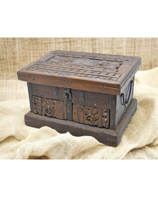 Antique Wooden 2 Drawers Storage Box Original Old Hand Crafted Carved