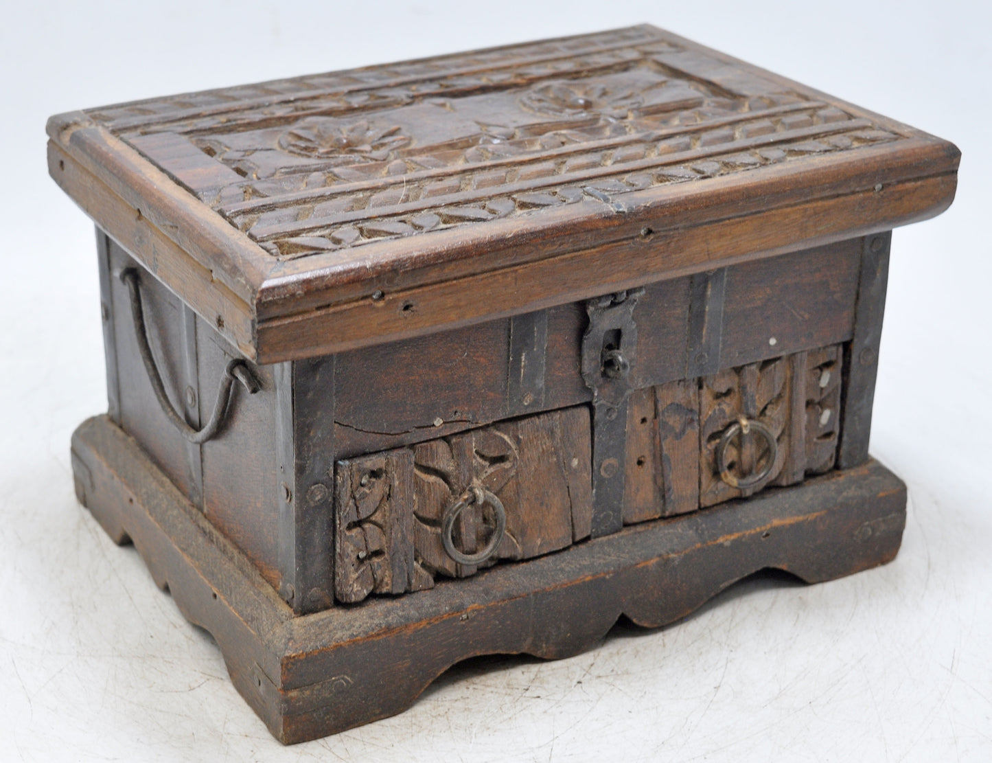 Antique Wooden 2 Drawers Storage Box Original Old Hand Crafted Carved