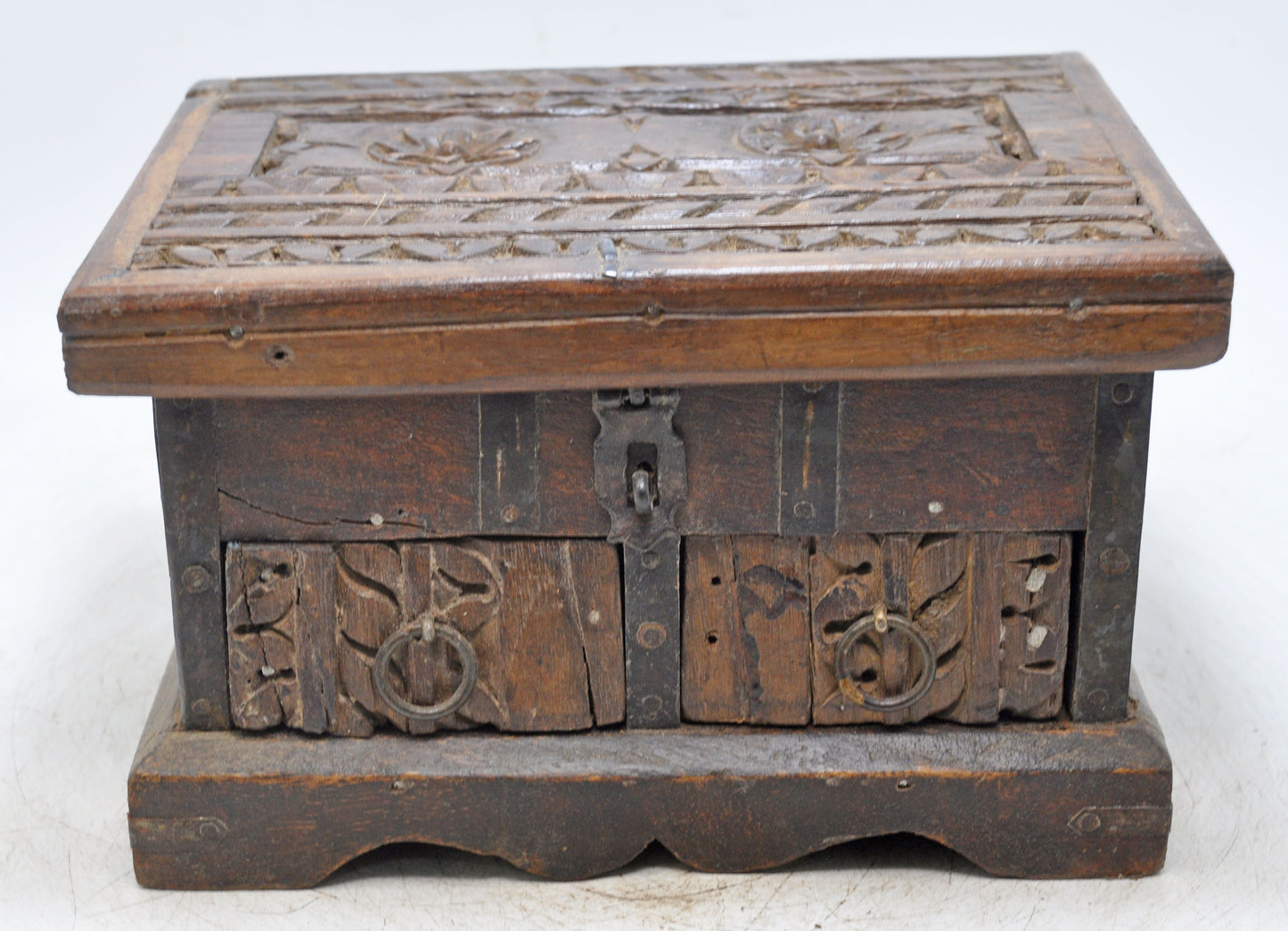 Antique Wooden 2 Drawers Storage Box Original Old Hand Crafted Carved