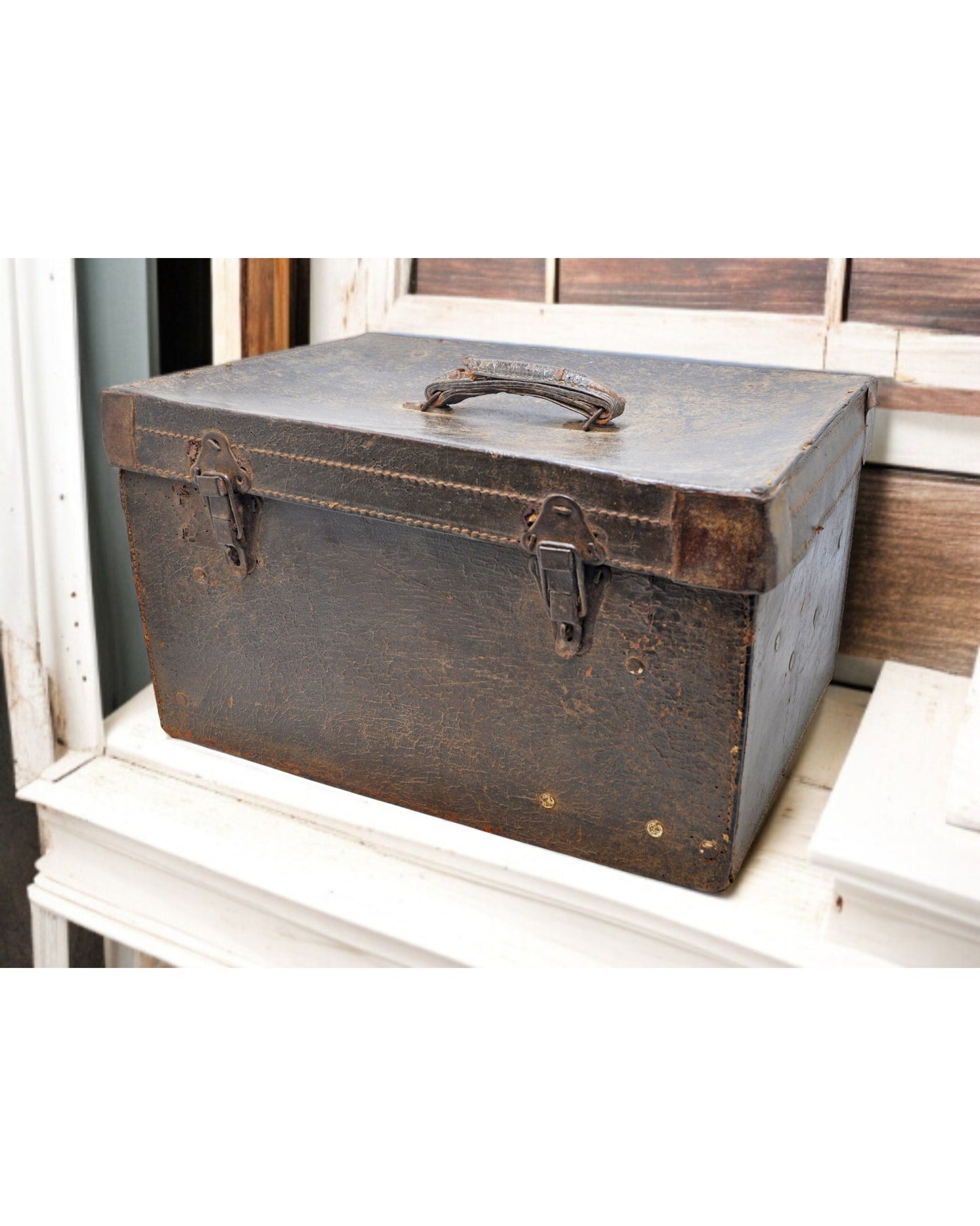 Antique Leather Large Travelling Storage Chest Box Original Old Hand Crafted