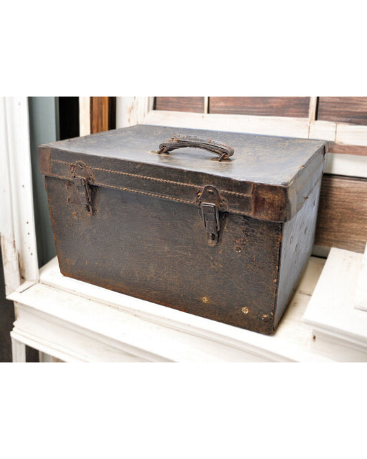 Antique Leather Large Travelling Storage Chest Box Original Old Hand Crafted