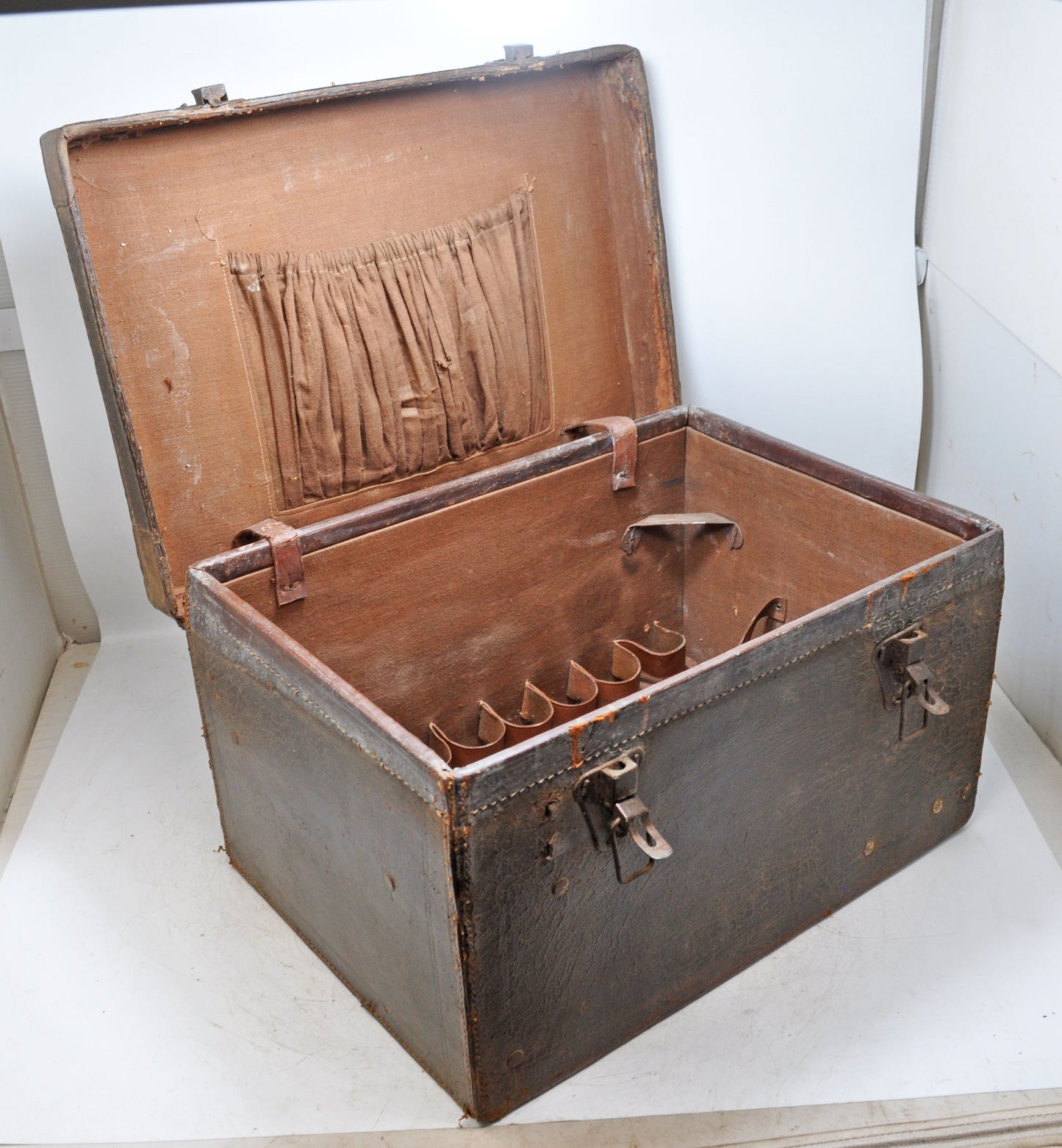 Antique Leather Large Travelling Storage Chest Box Original Old Hand Crafted