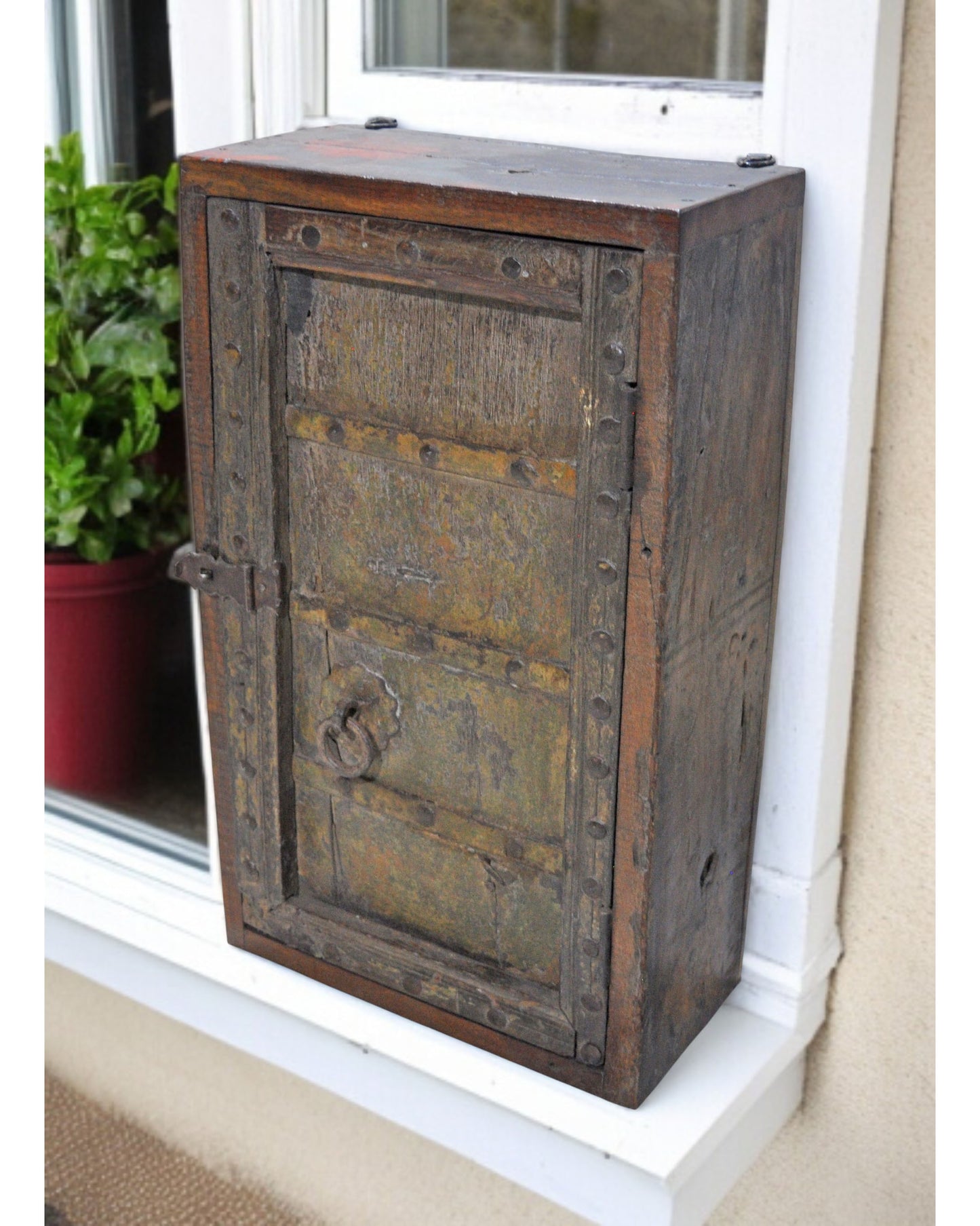 Antique Wooden Wall Hanging Storage Cabinet Orignial Old Hand Crafted Painted