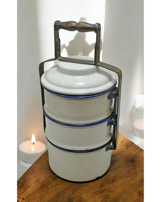 Vintage Iron Enamelware Tiffin Food Box Original Old Hand Crafted Enamel Painted