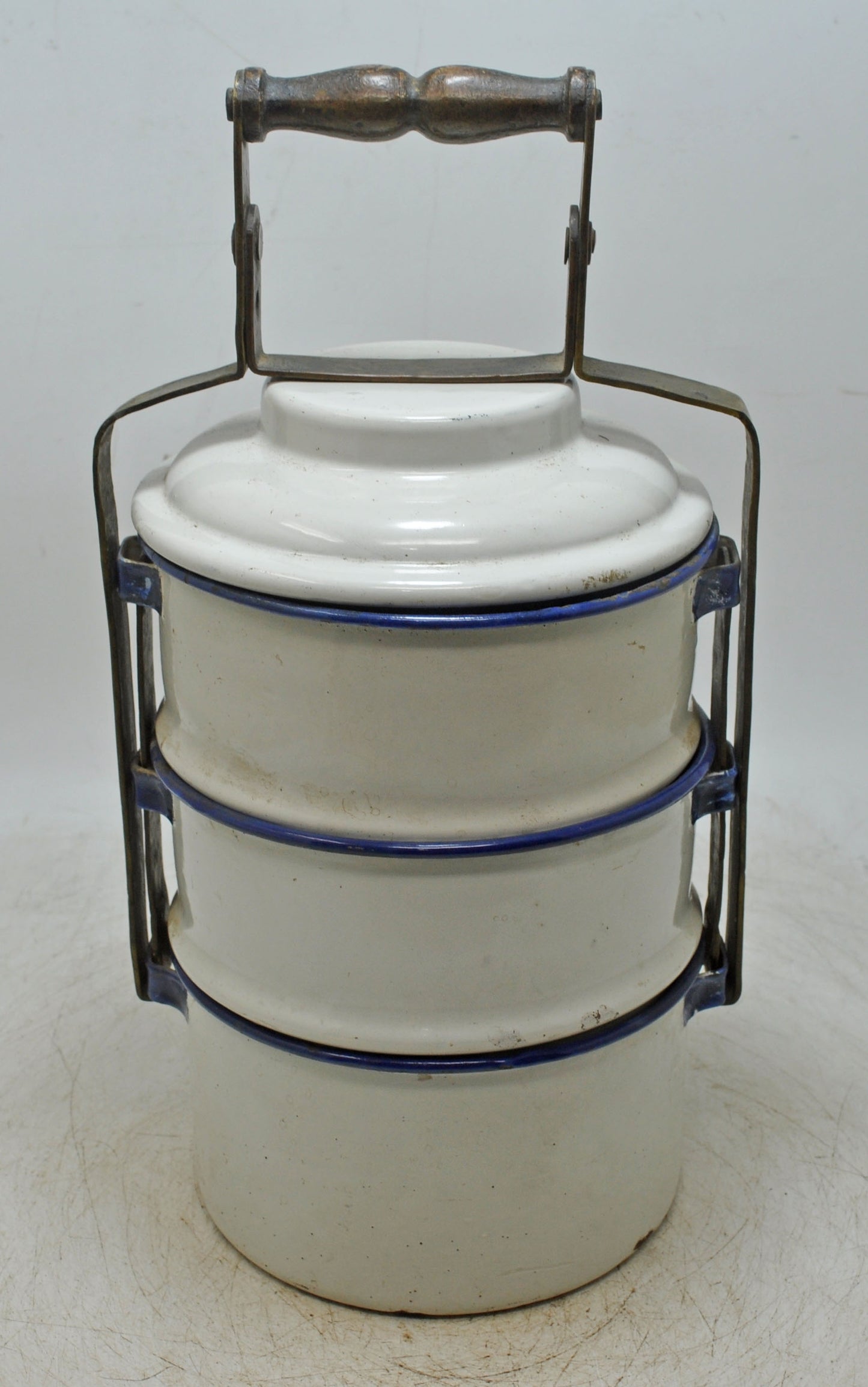 Vintage Iron Enamelware Tiffin Food Box Original Old Hand Crafted Enamel Painted