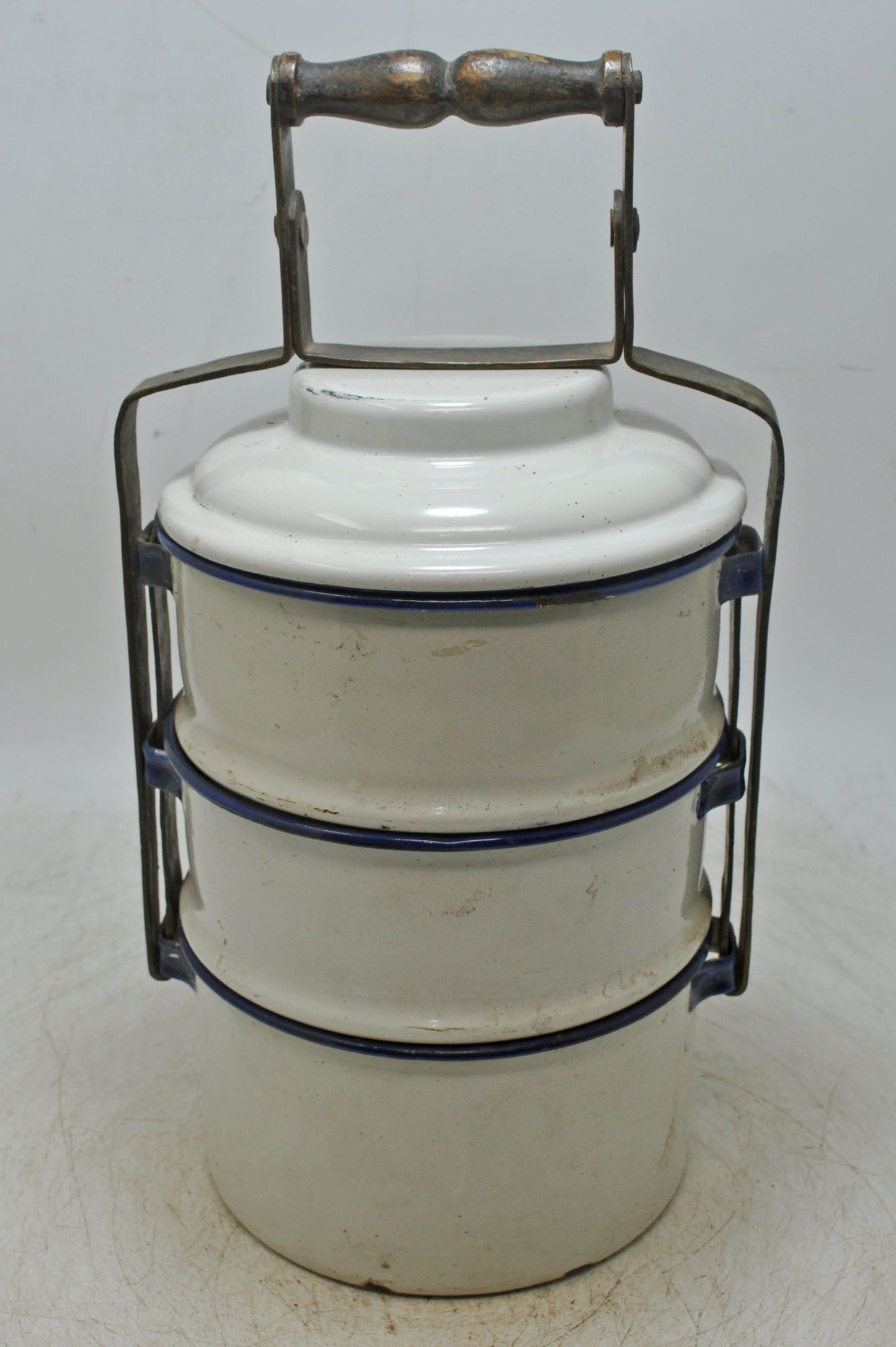 Vintage Iron Enamelware Tiffin Food Box Original Old Hand Crafted Enamel Painted