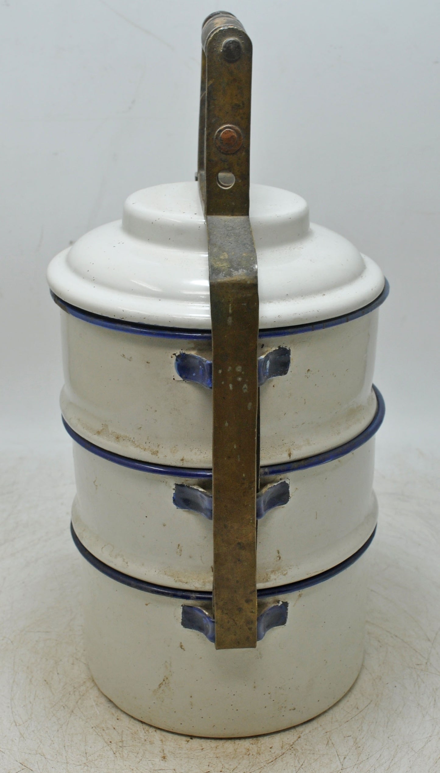 Vintage Iron Enamelware Tiffin Food Box Original Old Hand Crafted Enamel Painted