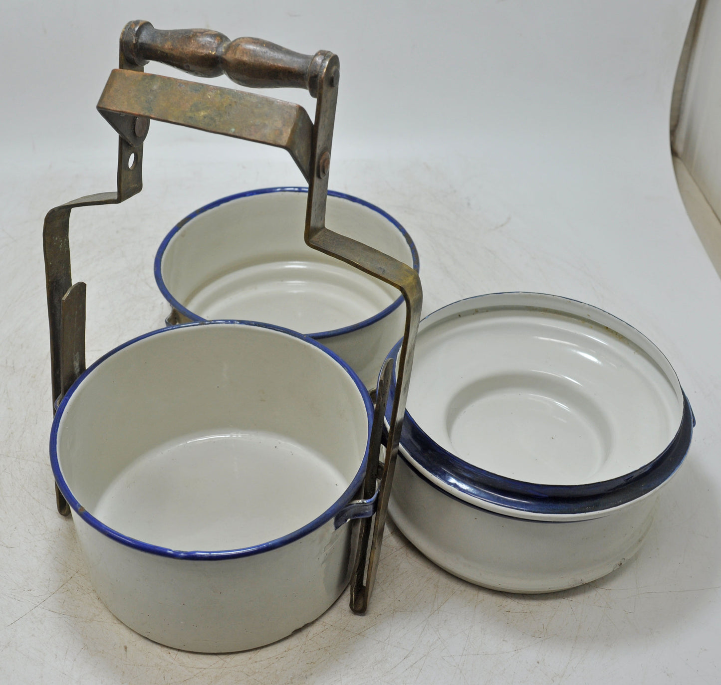 Vintage Iron Enamelware Tiffin Food Box Original Old Hand Crafted Enamel Painted