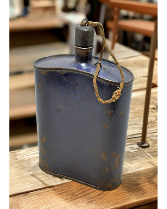 Vintage Iron Enamelware Water Bottle Original Old Hand Crafted Enamel Painted