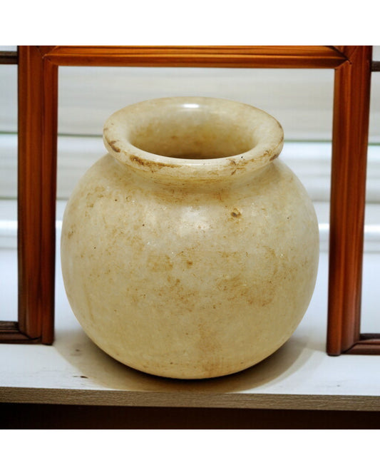 Vintage White Marble Round Water Lota Pot Original Old Fine Hand Carved
