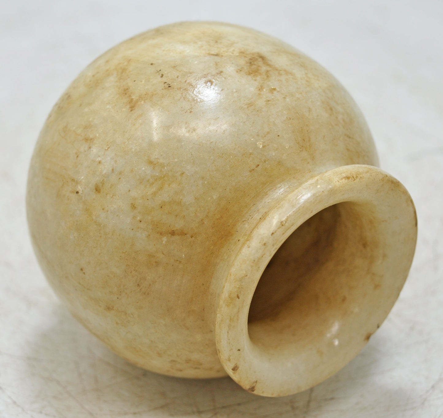 Vintage White Marble Round Water Lota Pot Original Old Fine Hand Carved