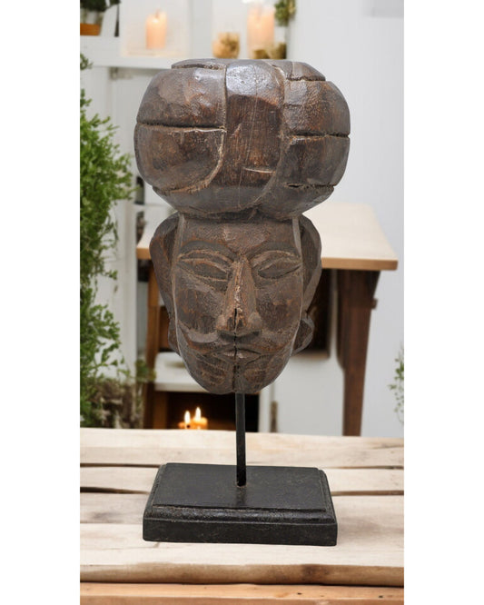 Vintage Wooden Man Head Figurine Original Old Hand Carved