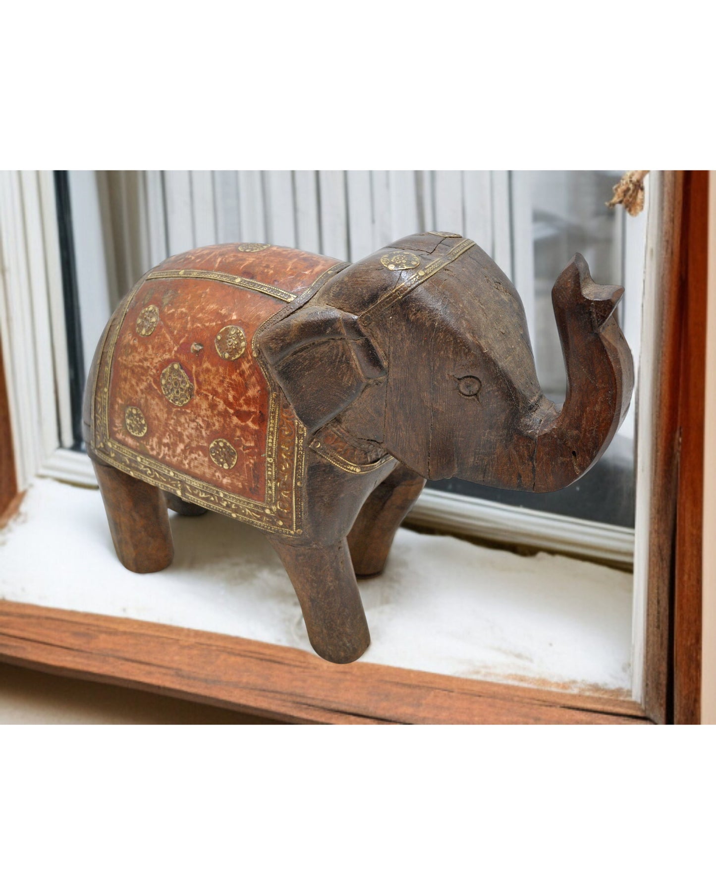 Vintage Wooden Elephant Figurine Original Old Hand Carved Brass Fitted