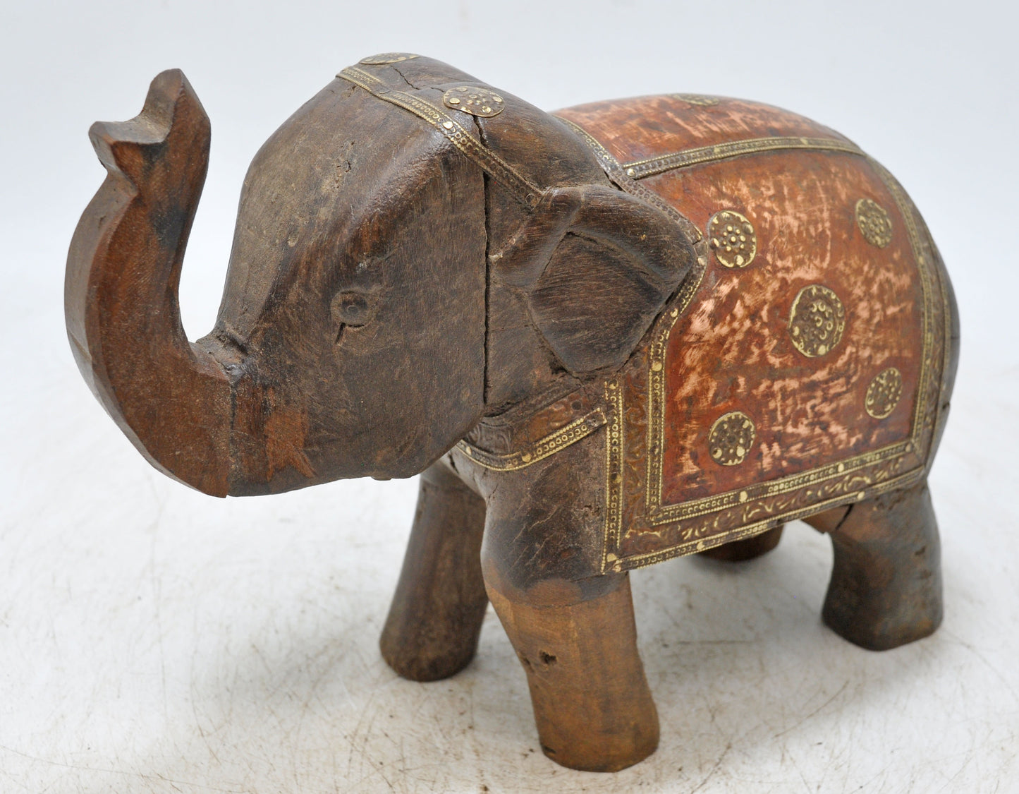Vintage Wooden Elephant Figurine Original Old Hand Carved Brass Fitted