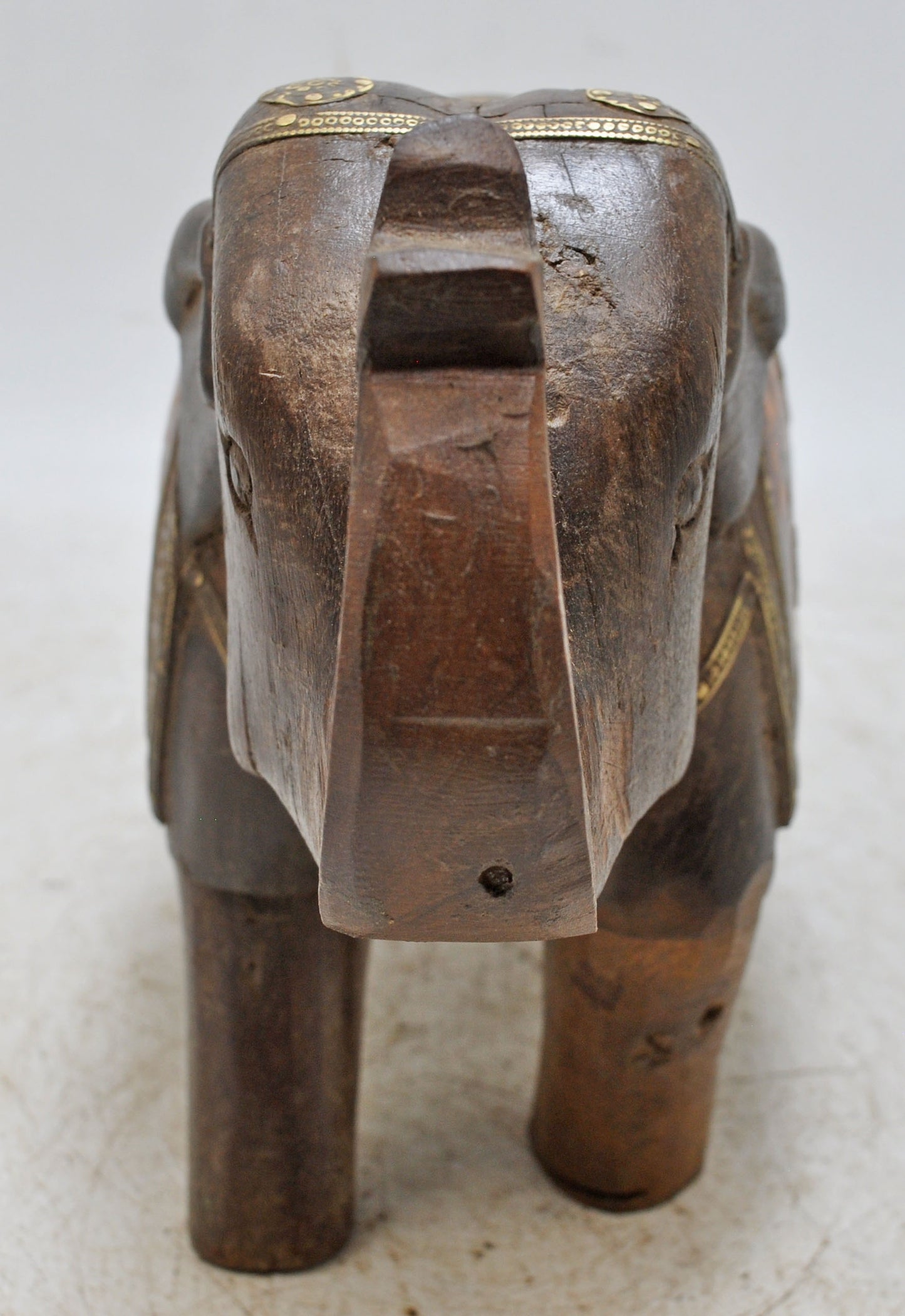 Vintage Wooden Elephant Figurine Original Old Hand Carved Brass Fitted