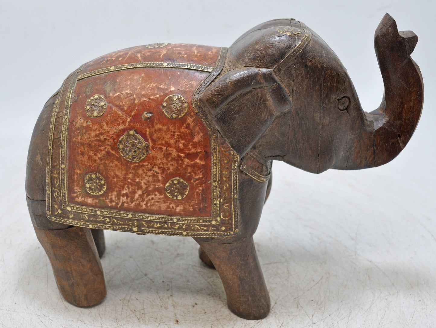 Vintage Wooden Elephant Figurine Original Old Hand Carved Brass Fitted