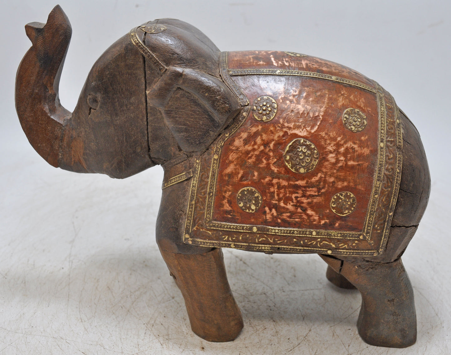 Vintage Wooden Elephant Figurine Original Old Hand Carved Brass Fitted