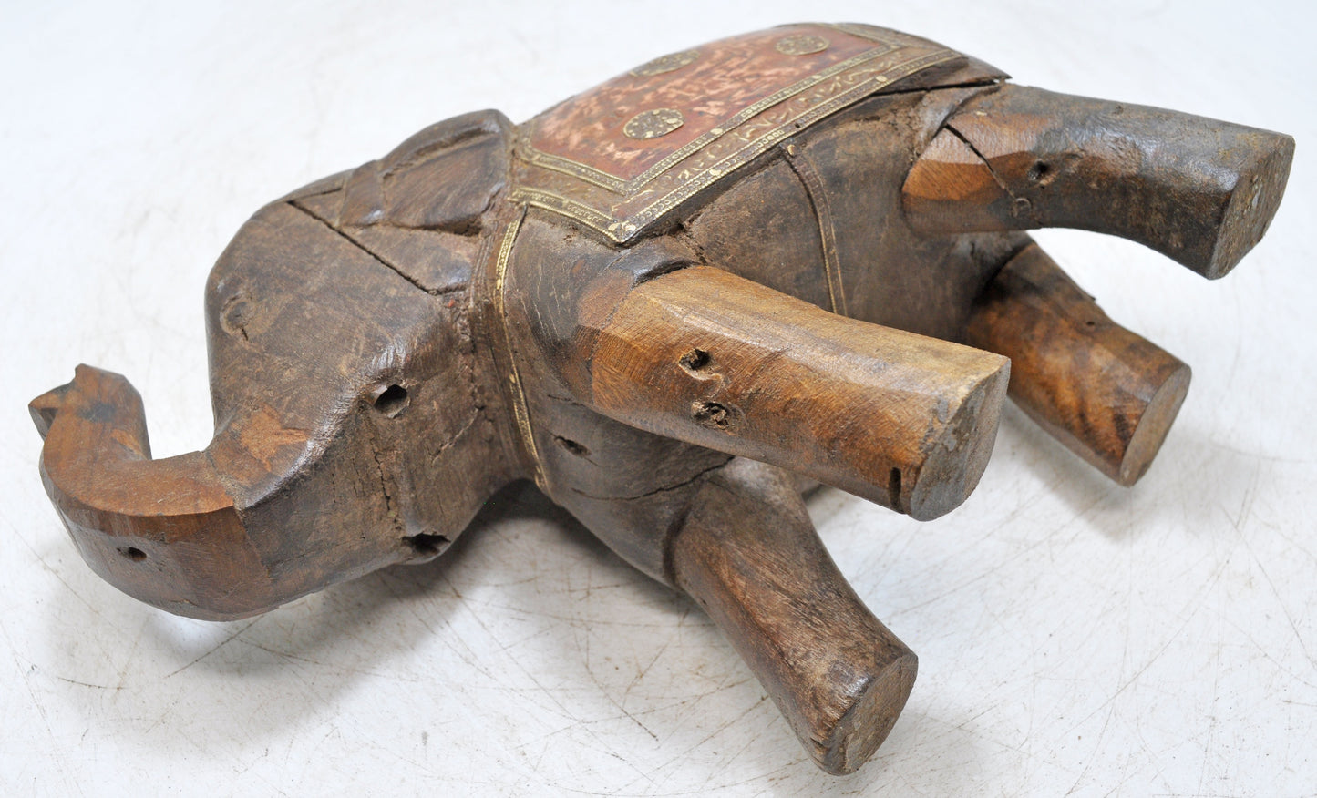 Vintage Wooden Elephant Figurine Original Old Hand Carved Brass Fitted