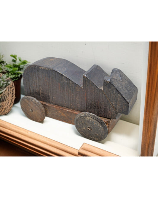 Antique Wooden Cow on Wheels Figurine Original Old Hand Carved