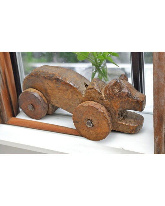 Antique Wooden Cow on Wheels Figurine Original Old Hand Carved
