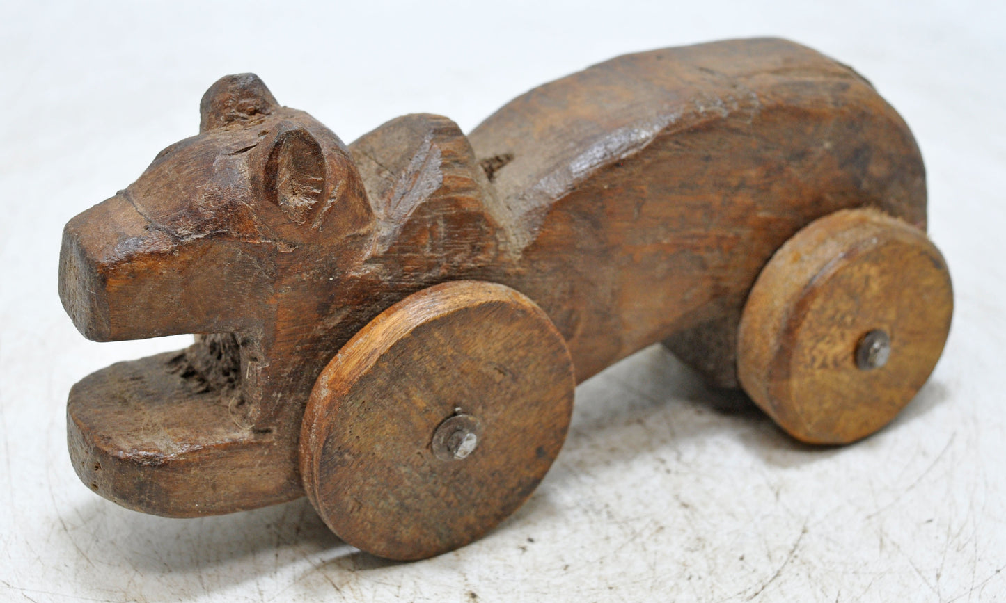 Antique Wooden Cow on Wheels Figurine Original Old Hand Carved