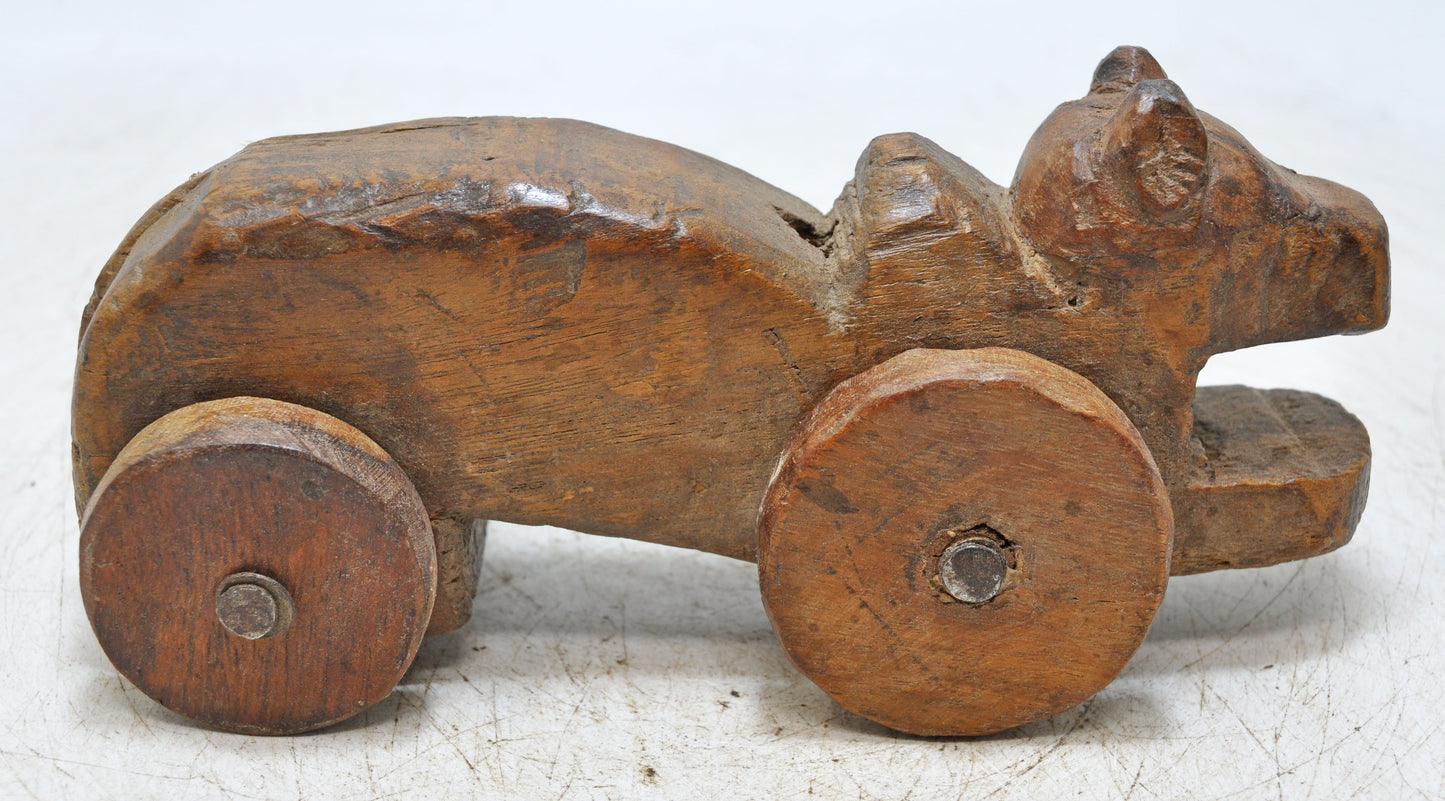 Antique Wooden Cow on Wheels Figurine Original Old Hand Carved