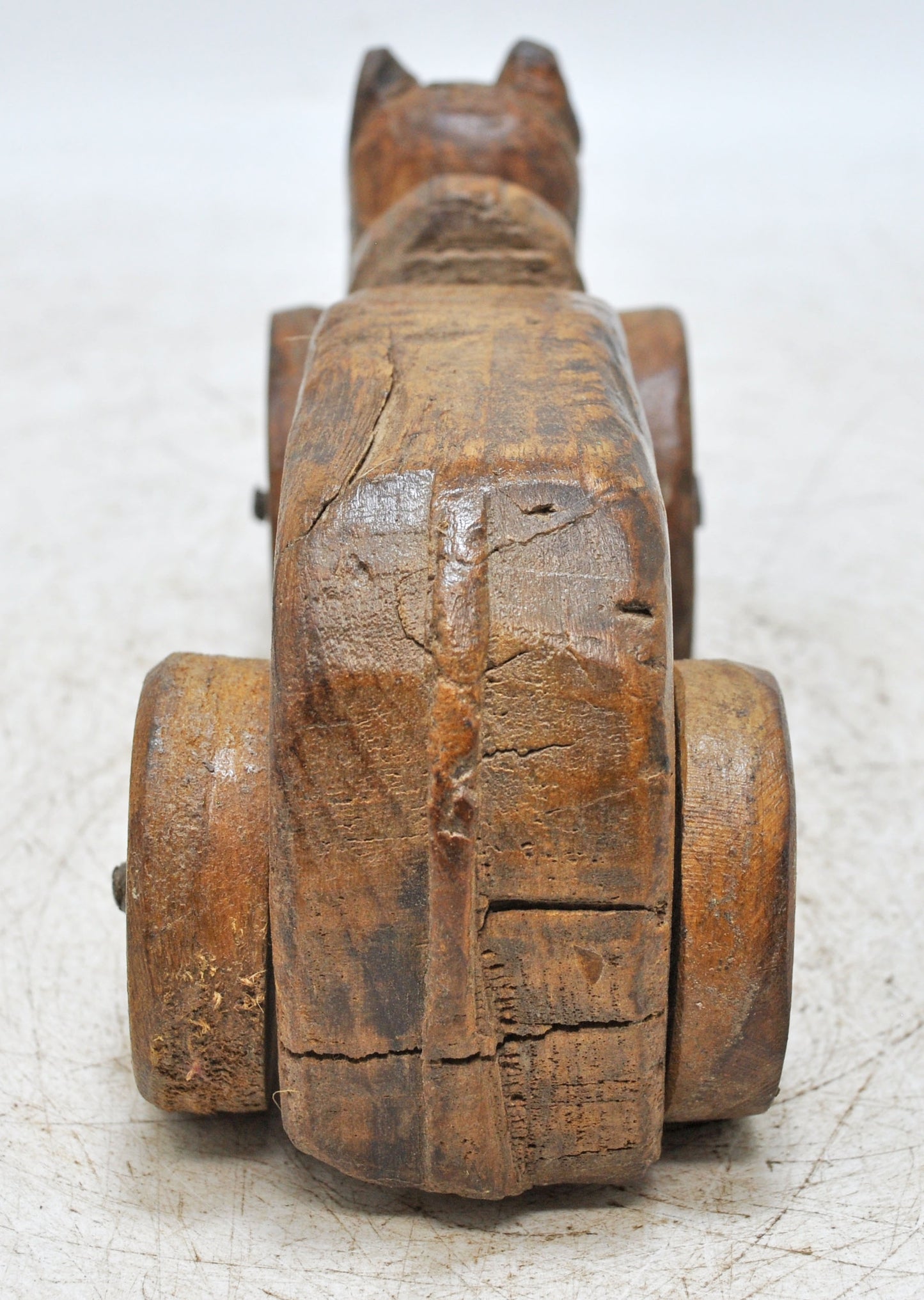 Antique Wooden Cow on Wheels Figurine Original Old Hand Carved