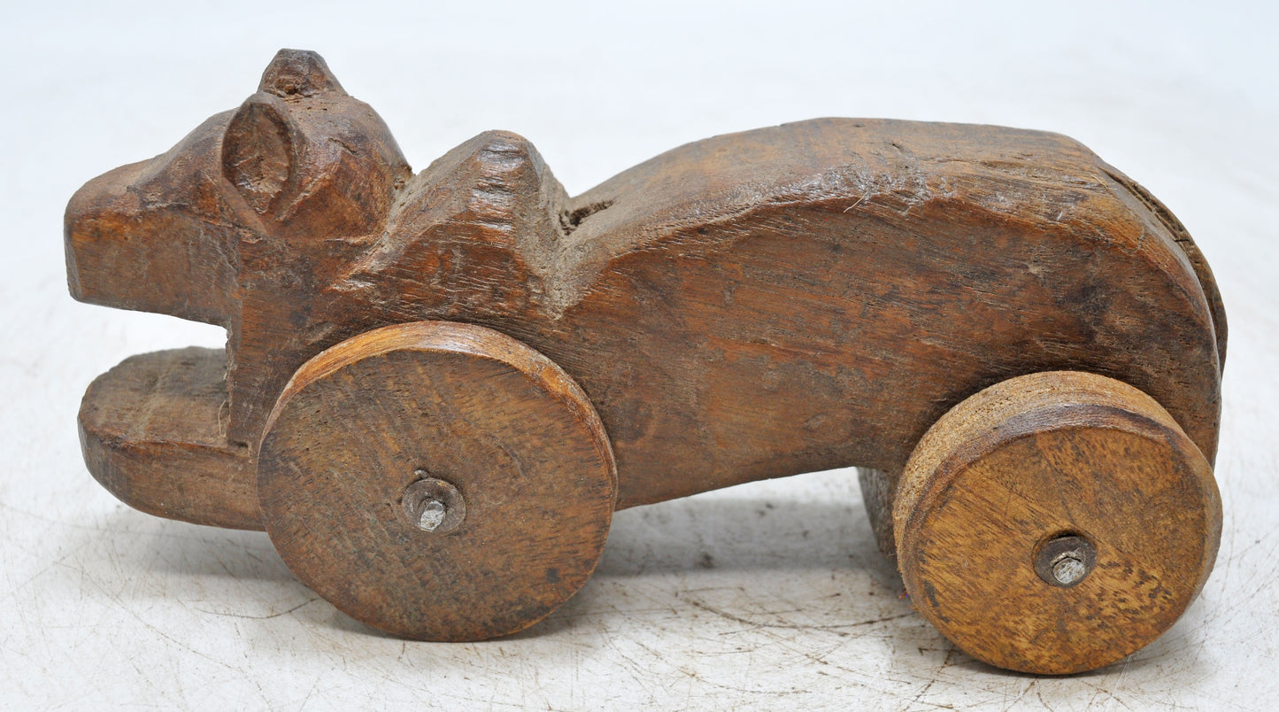 Antique Wooden Cow on Wheels Figurine Original Old Hand Carved