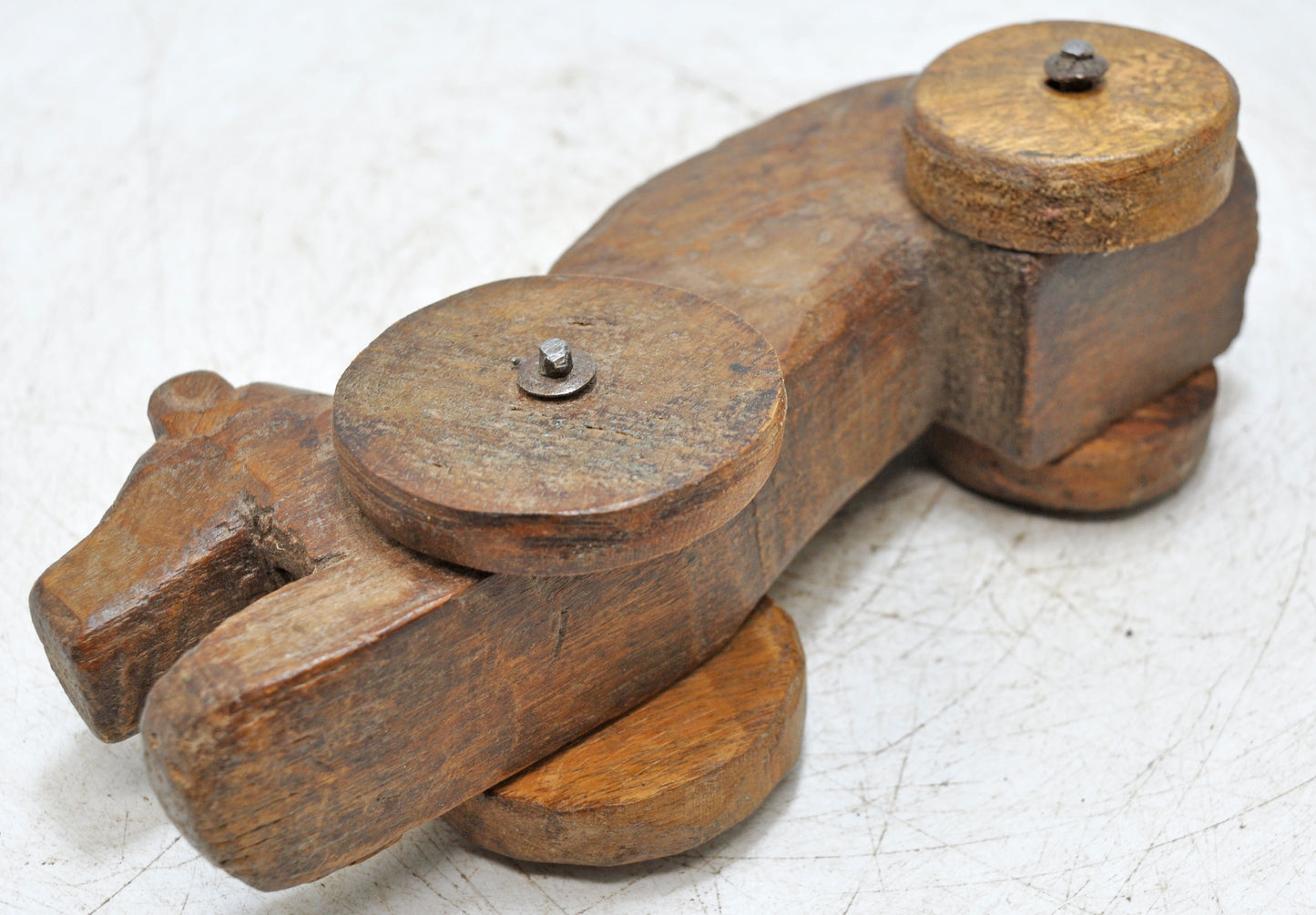 Antique Wooden Cow on Wheels Figurine Original Old Hand Carved