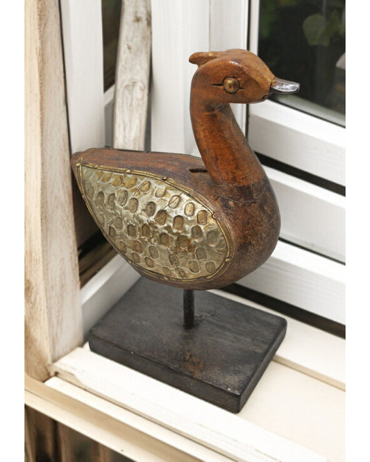 Vintage Wooden Duck Bird Figurine Original Old Hand Carved Brass Fitted