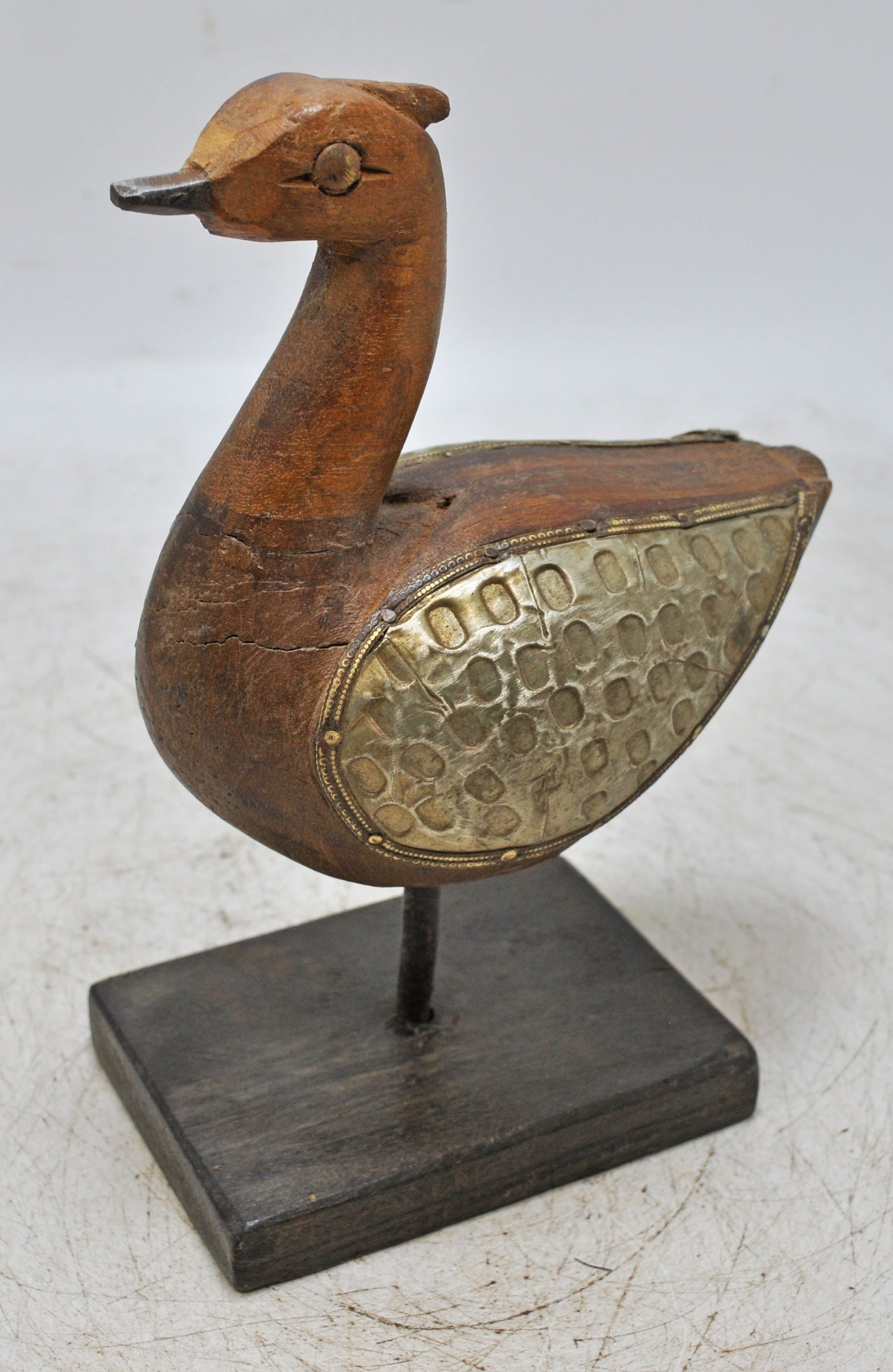 Vintage Wooden Duck Bird Figurine Original Old Hand Carved Brass Fitted