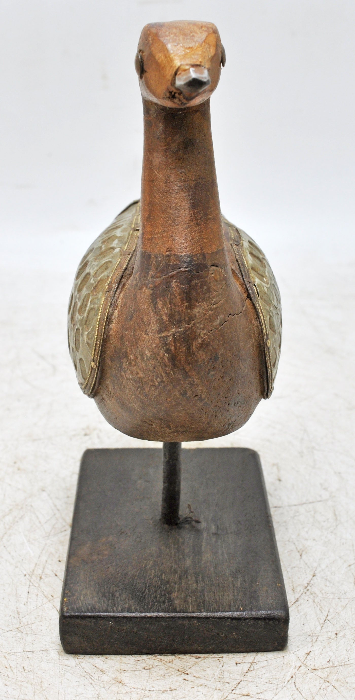 Vintage Wooden Duck Bird Figurine Original Old Hand Carved Brass Fitted