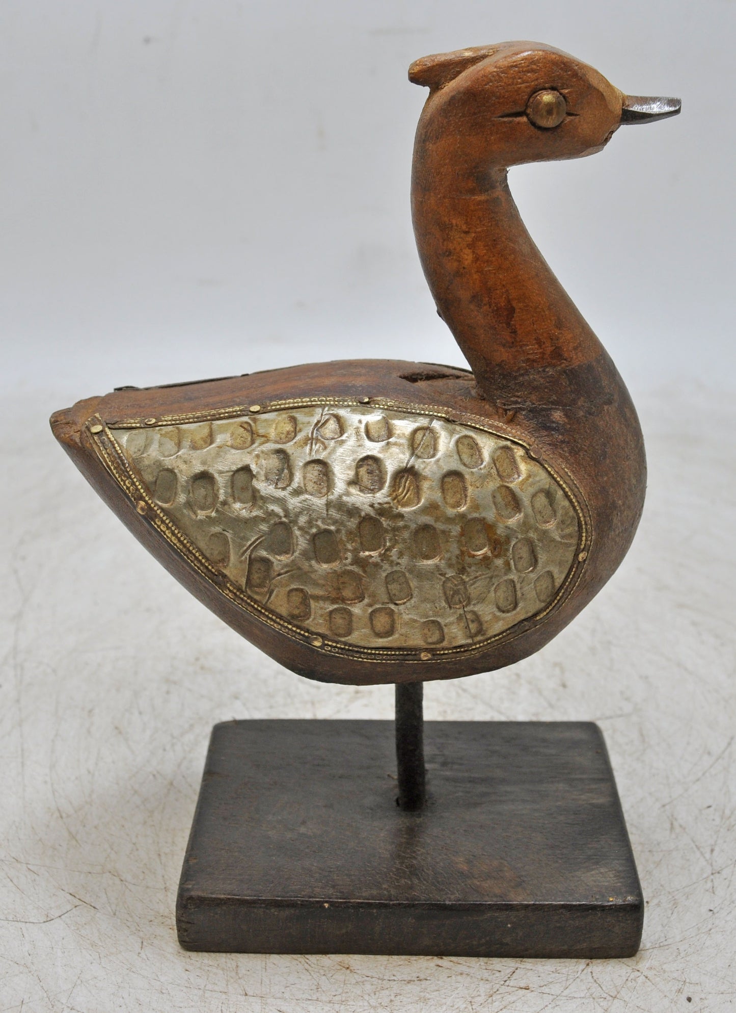 Vintage Wooden Duck Bird Figurine Original Old Hand Carved Brass Fitted