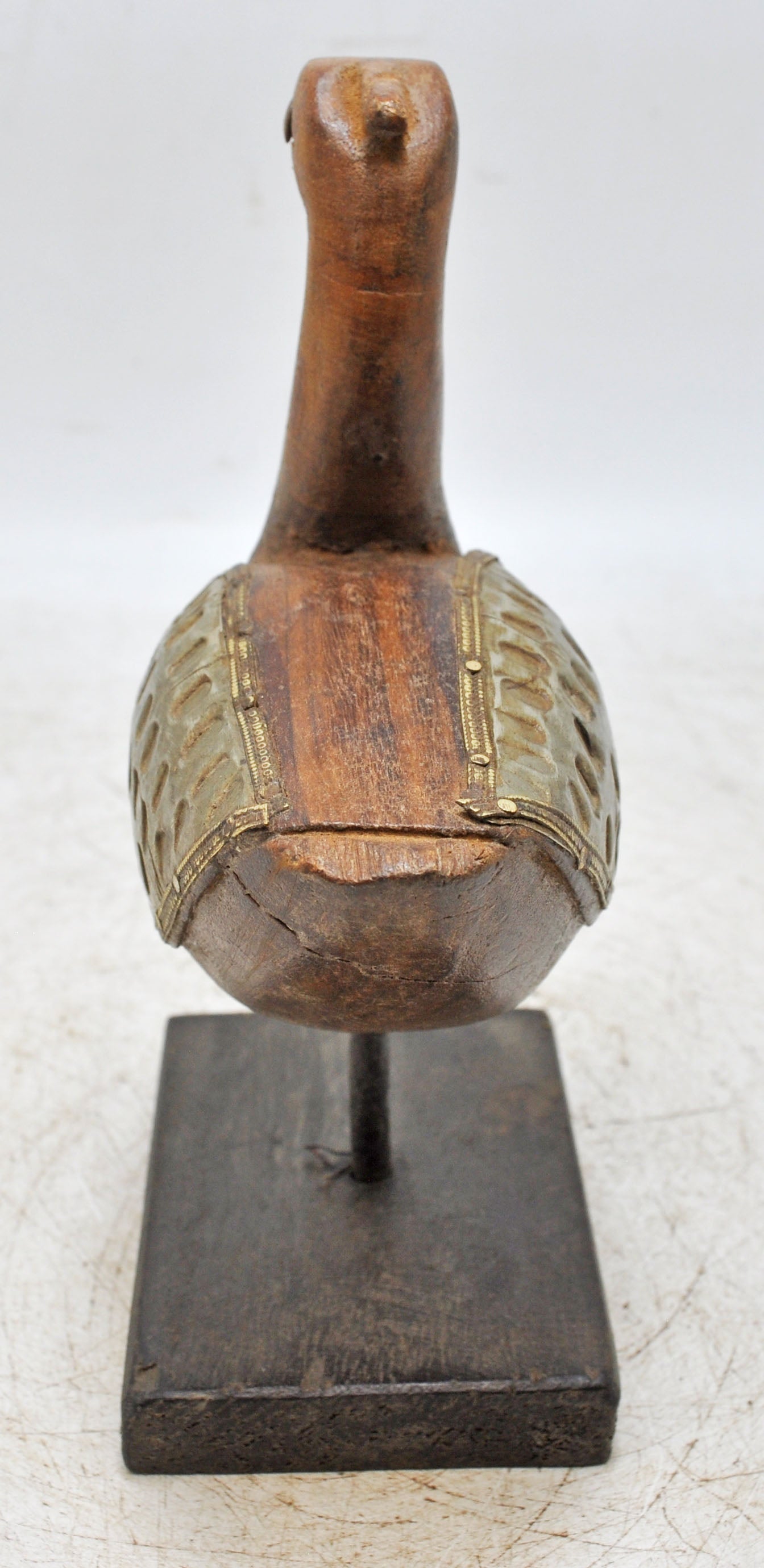 Vintage Wooden Duck Bird Figurine Original Old Hand Carved Brass Fitted