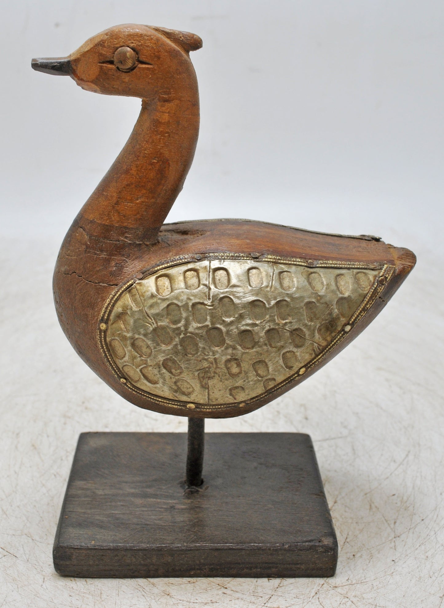 Vintage Wooden Duck Bird Figurine Original Old Hand Carved Brass Fitted