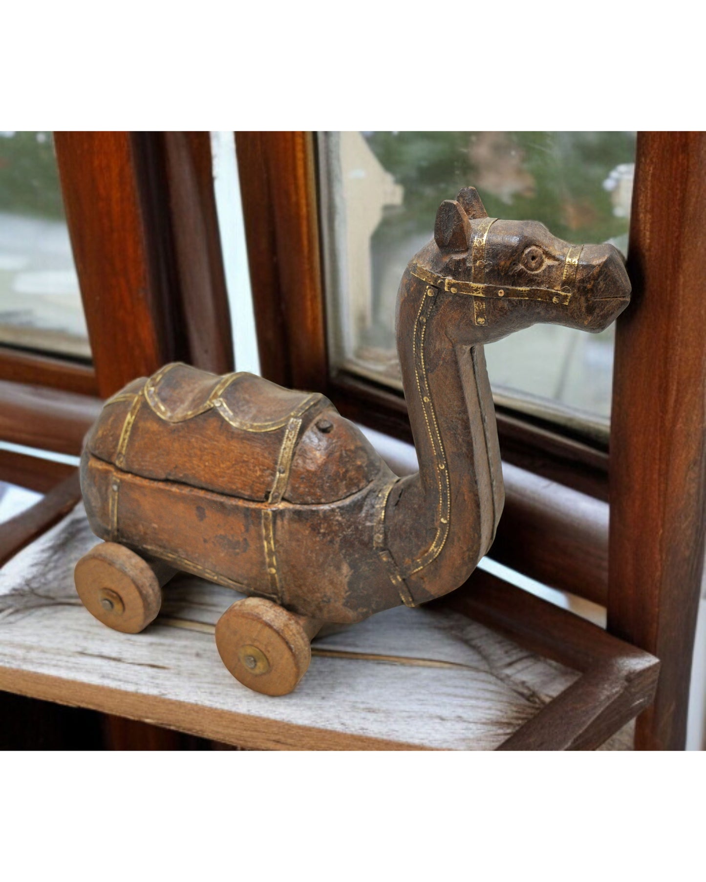 Vintage Wooden Camel on Wheels Figurine Original Old Hand Carved