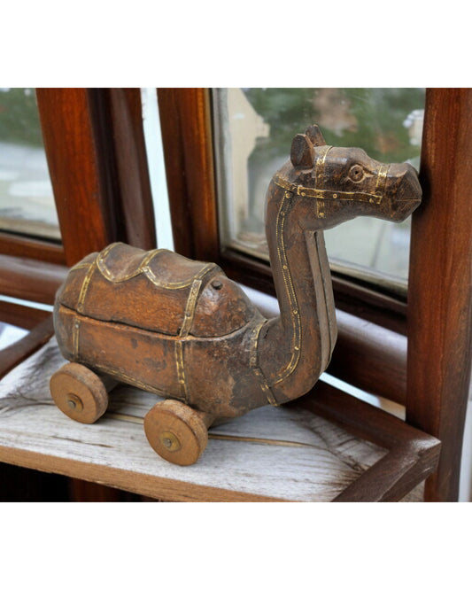 Vintage Wooden Camel on Wheels Figurine Original Old Hand Carved