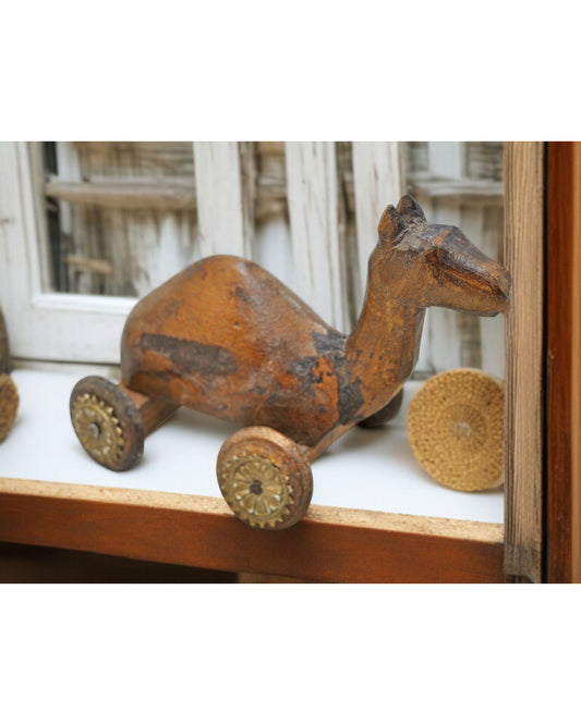 Vintage Wooden Camel on Wheels Figurine Original Old Hand Carved