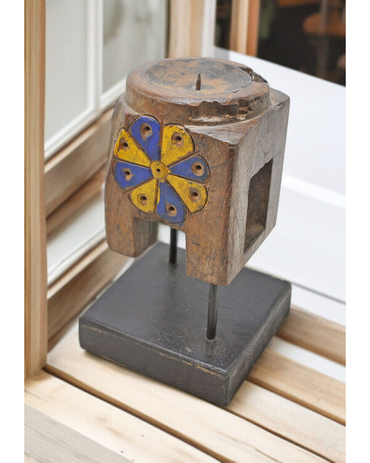 Antique Wooden Candle Holder Stand Original Old Hand Carved