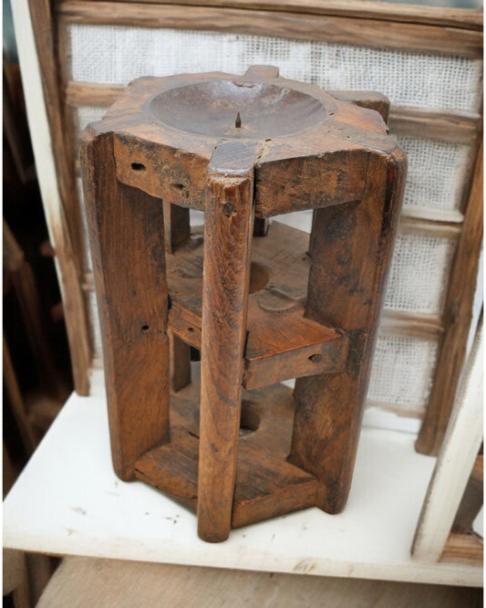 Antique Wooden Candle Holder Stand Original Old Hand Carved